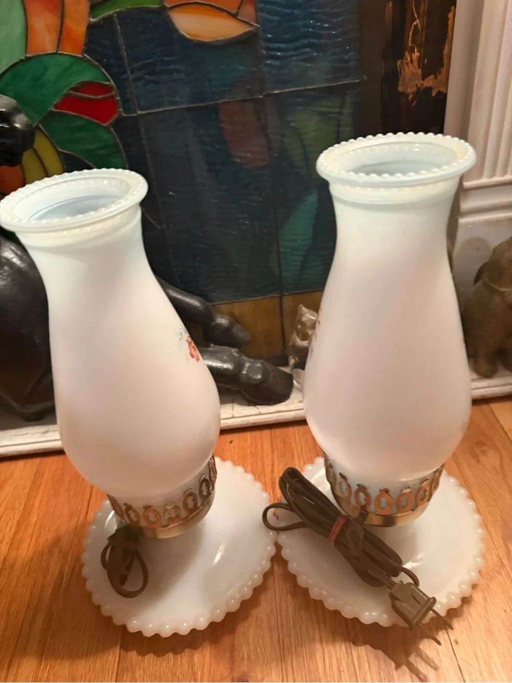 Vtg Pair Hobnail Milk Glass Raised Brass Floral Hurricane Electric Table Lamps